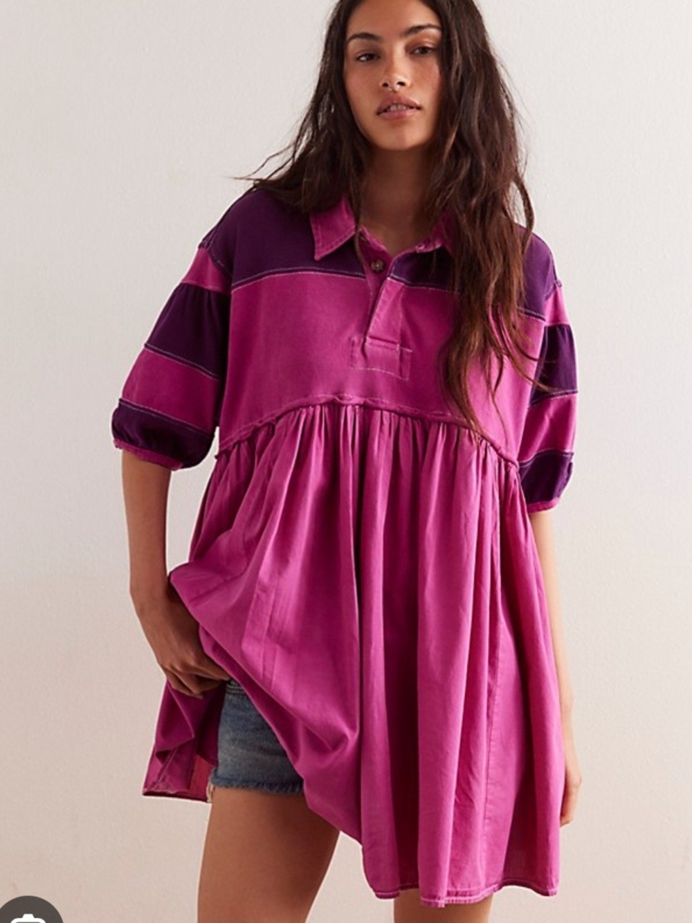 Free People Remi Rugby Mini Dress Wineberry LG Oversized Babydoll Boho Collared - Picture 3 of 13
